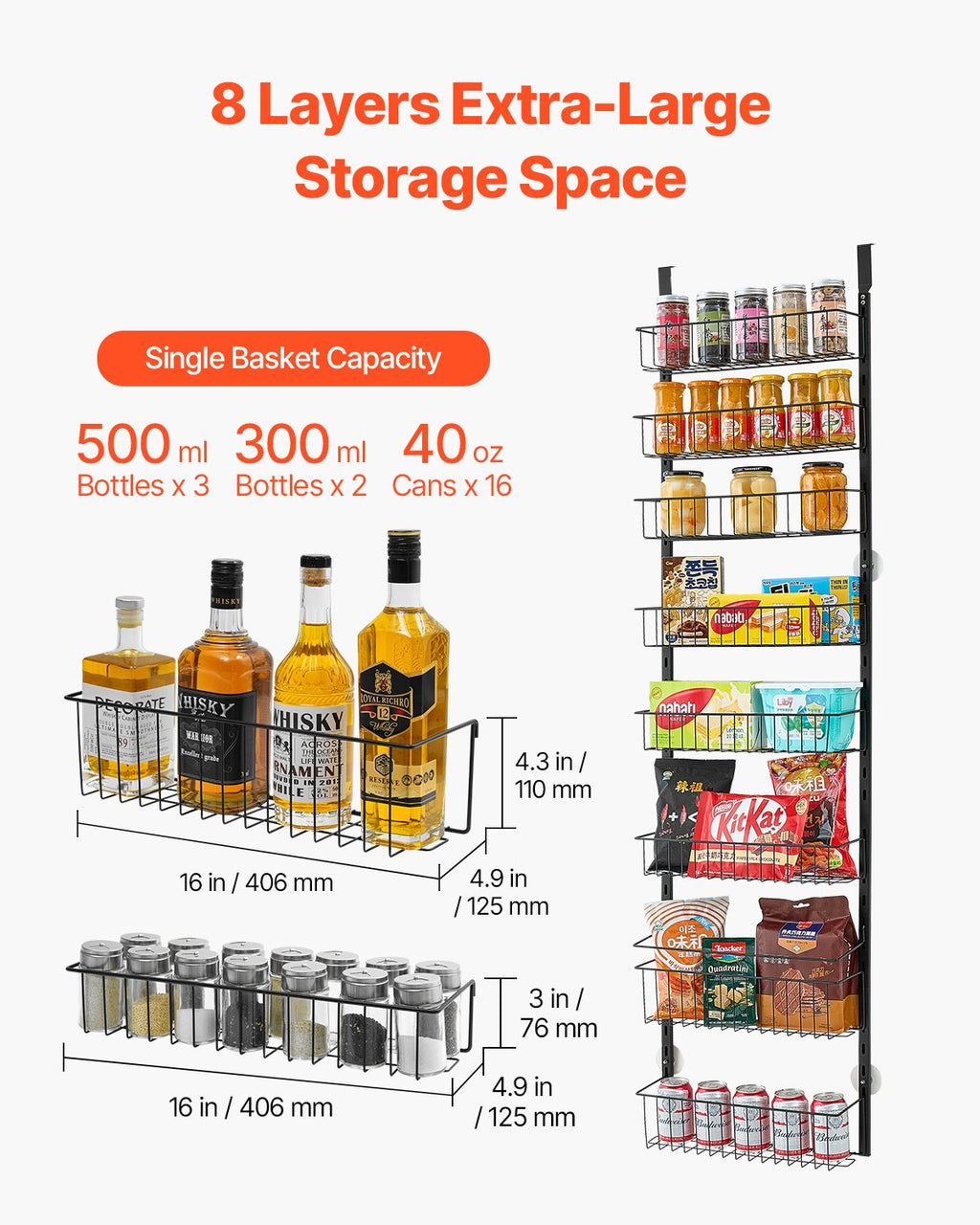 Black 8-tier over-door pantry organizer rack with wire baskets for bottles and cans