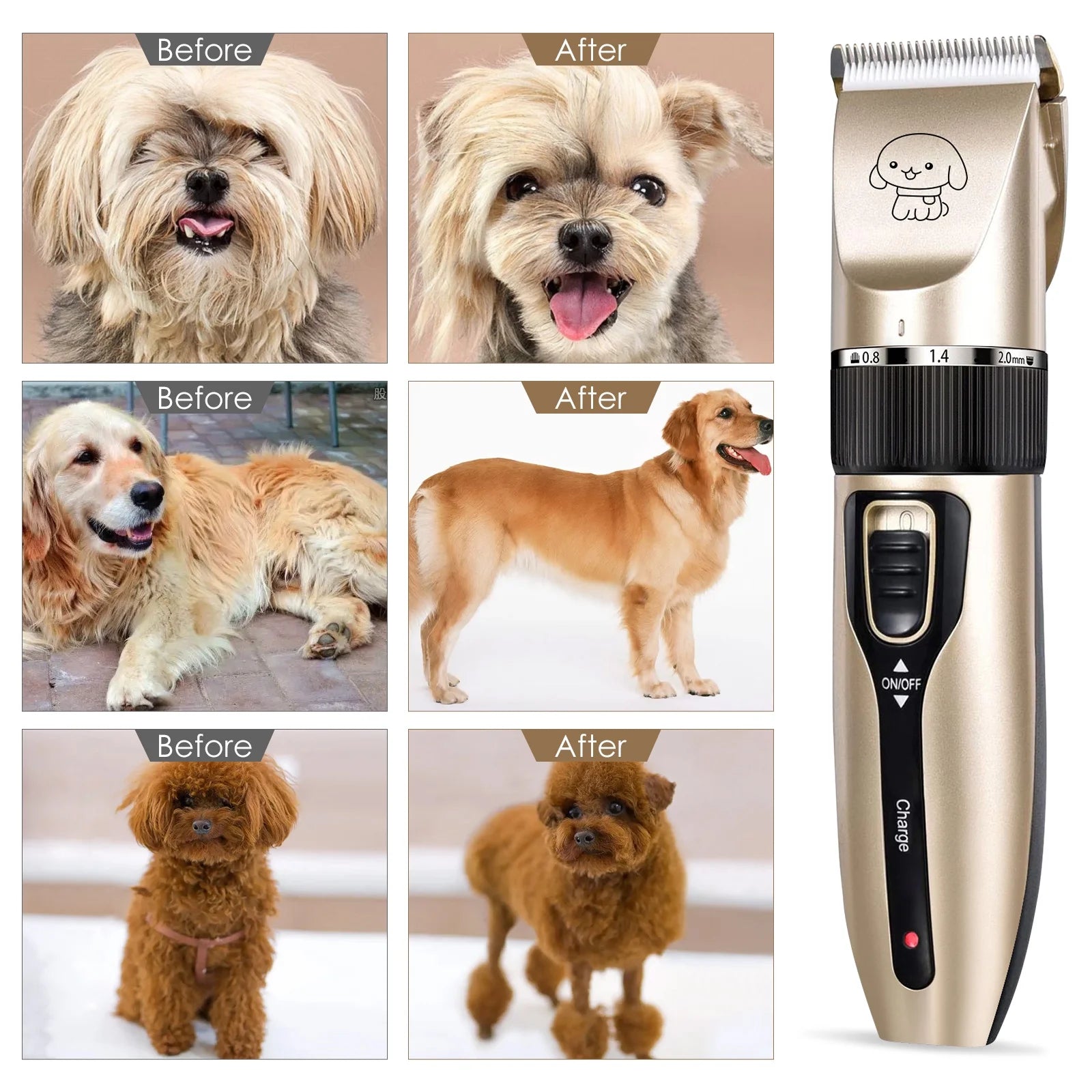 Cordless pet clipper and before-after grooming results on three dogs plus clipper front