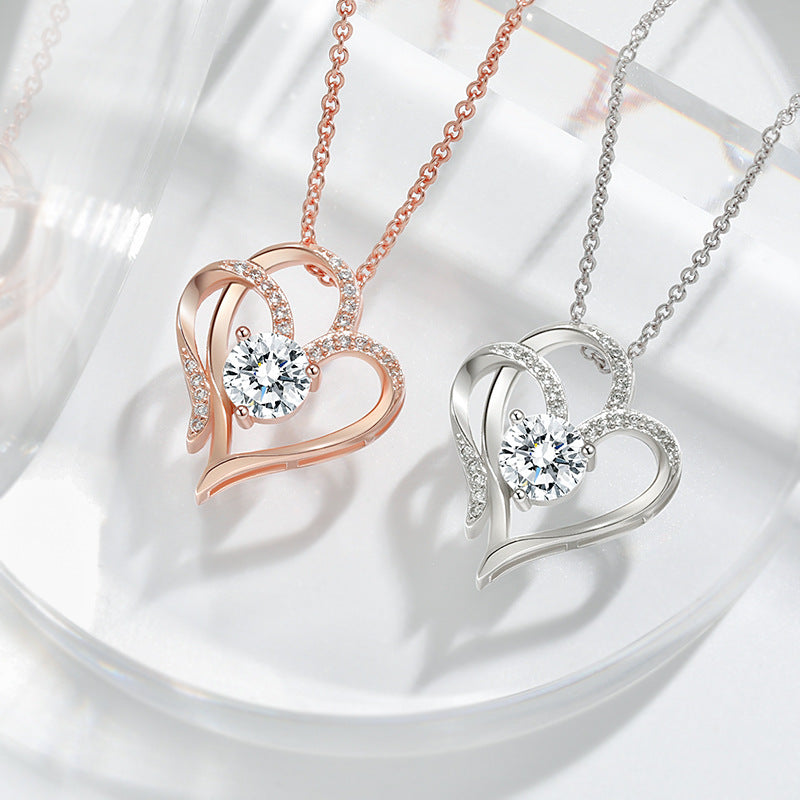 Rose gold and white gold double heart clavicle necklace with clear center stones