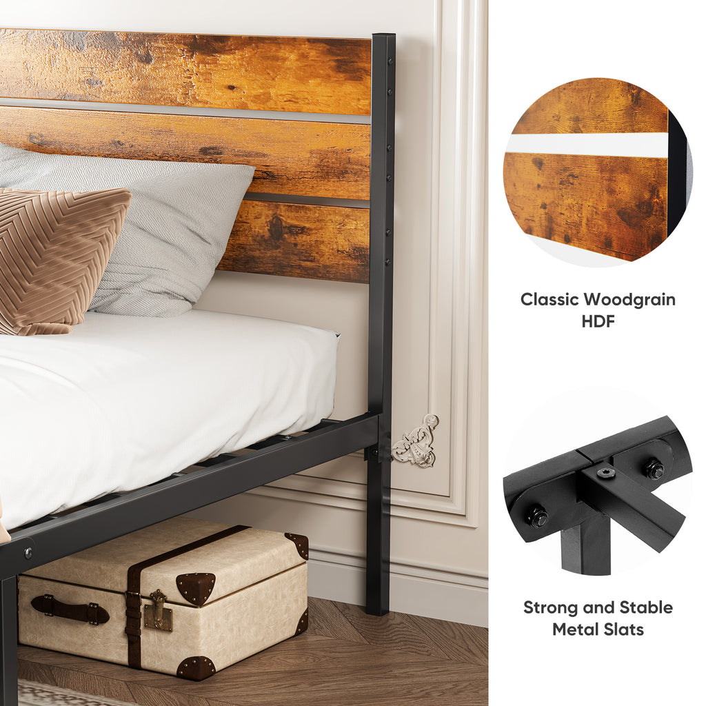 Metal bed frame with woodgrain headboard panel and strong leg corner hardware
