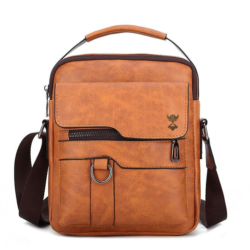 Tan PU leather crossbody briefcase bag with flap, front zipper pocket, and carry handle