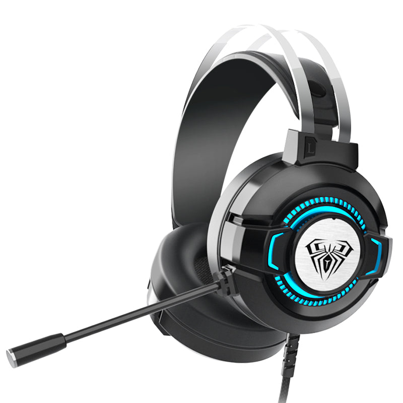 Black gaming headset with blue RGB earcup rings, headband, and attached mic