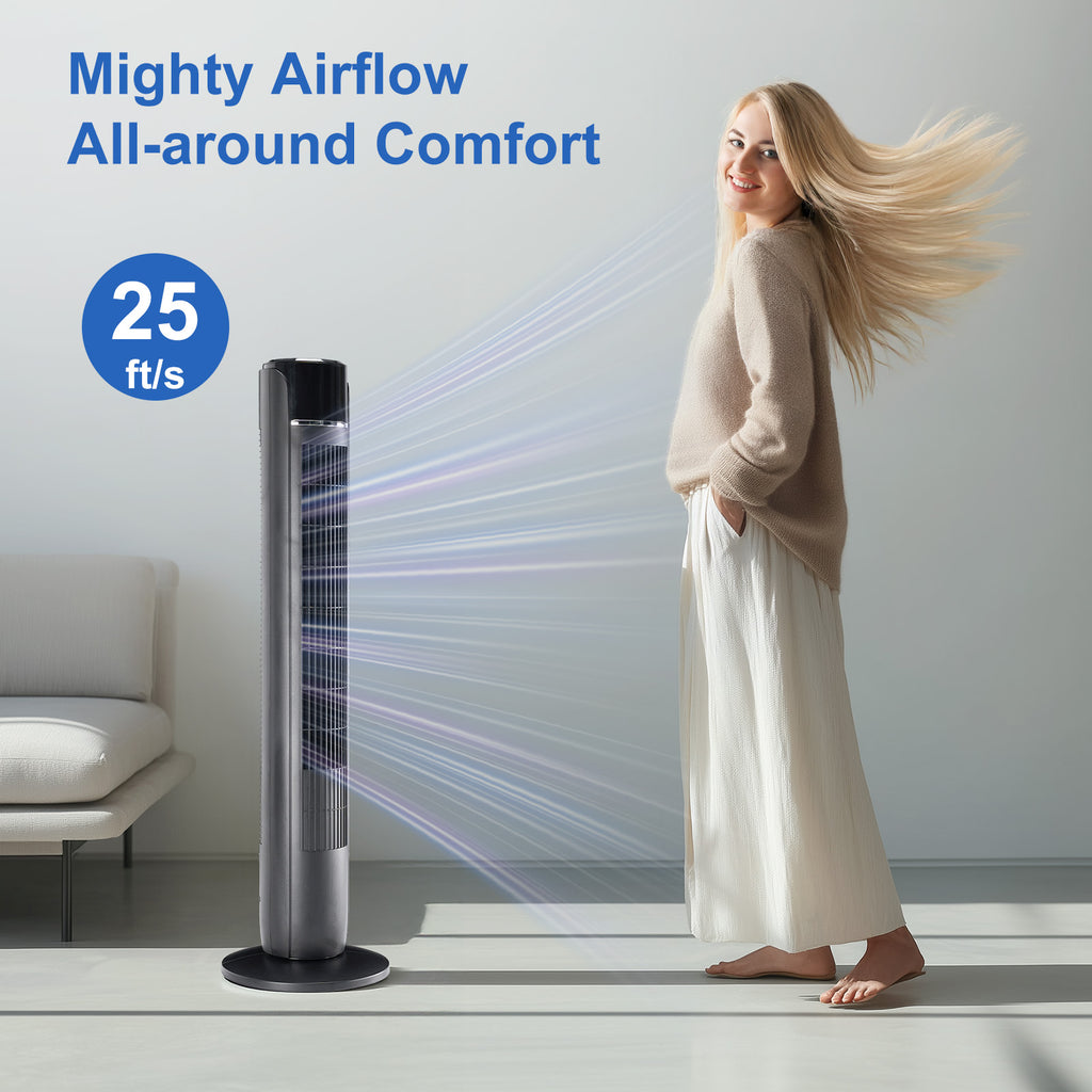 Standing cooling tower fan with vertical grille and dark gray body, round base