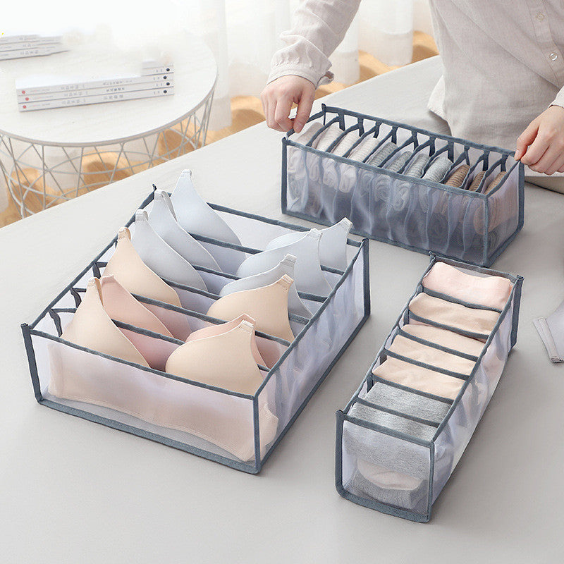 Fabric drawer organizer set with multiple mesh dividers for underwear, navy gray color
