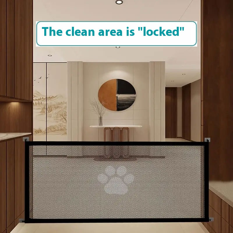 Gray mesh pet barrier panel with black frame, large rectangular enclosure