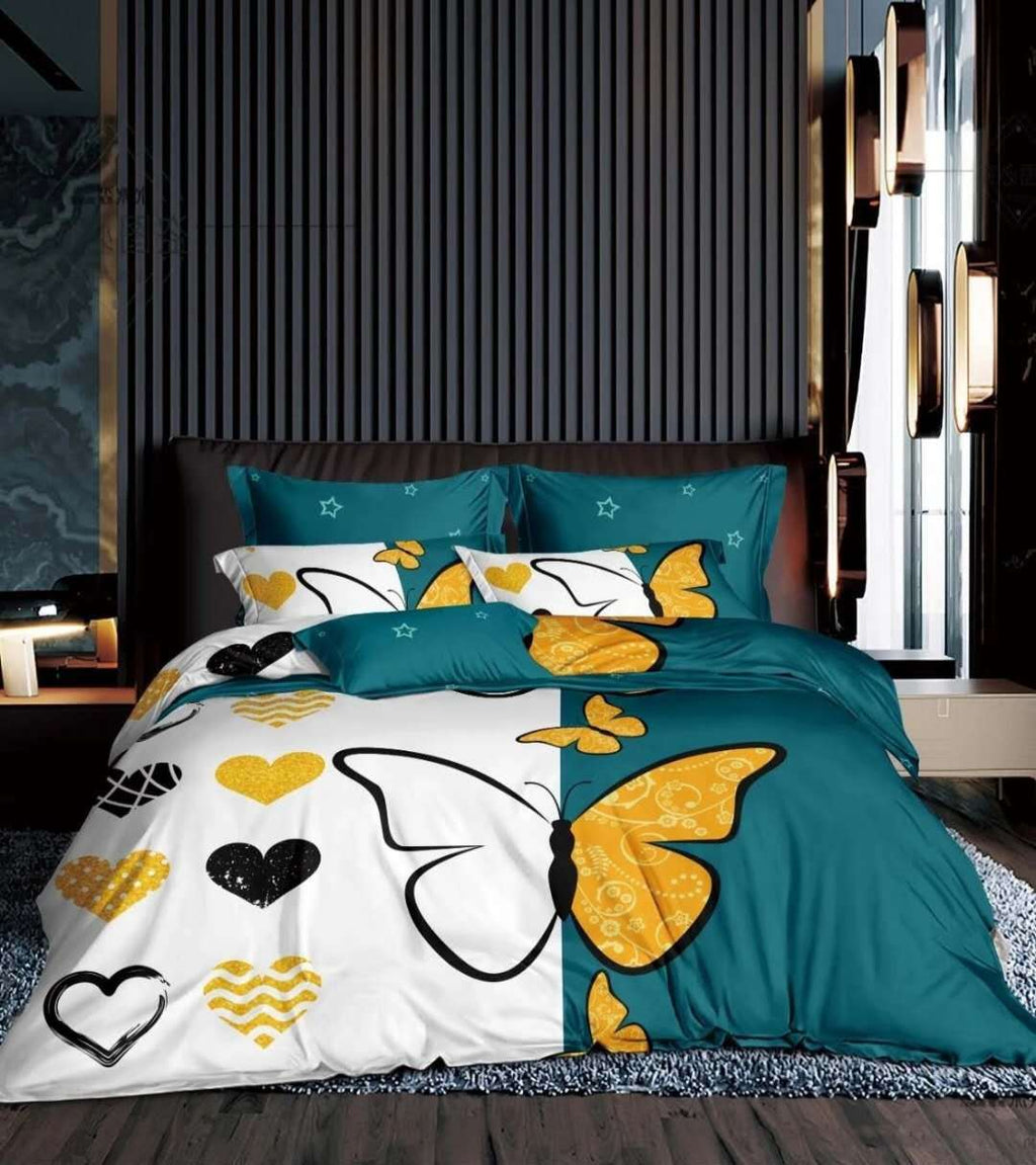 Teal and white printed duvet cover with hearts, butterflies, and decorative shapes.