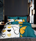 Teal and white printed duvet cover with hearts, butterflies, and decorative shapes.