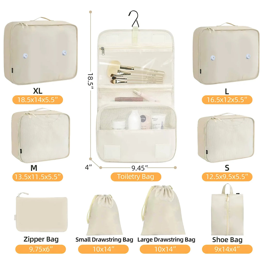 Beige zipper toiletry bag and packing cubes with drawstring shoe and storage pouches