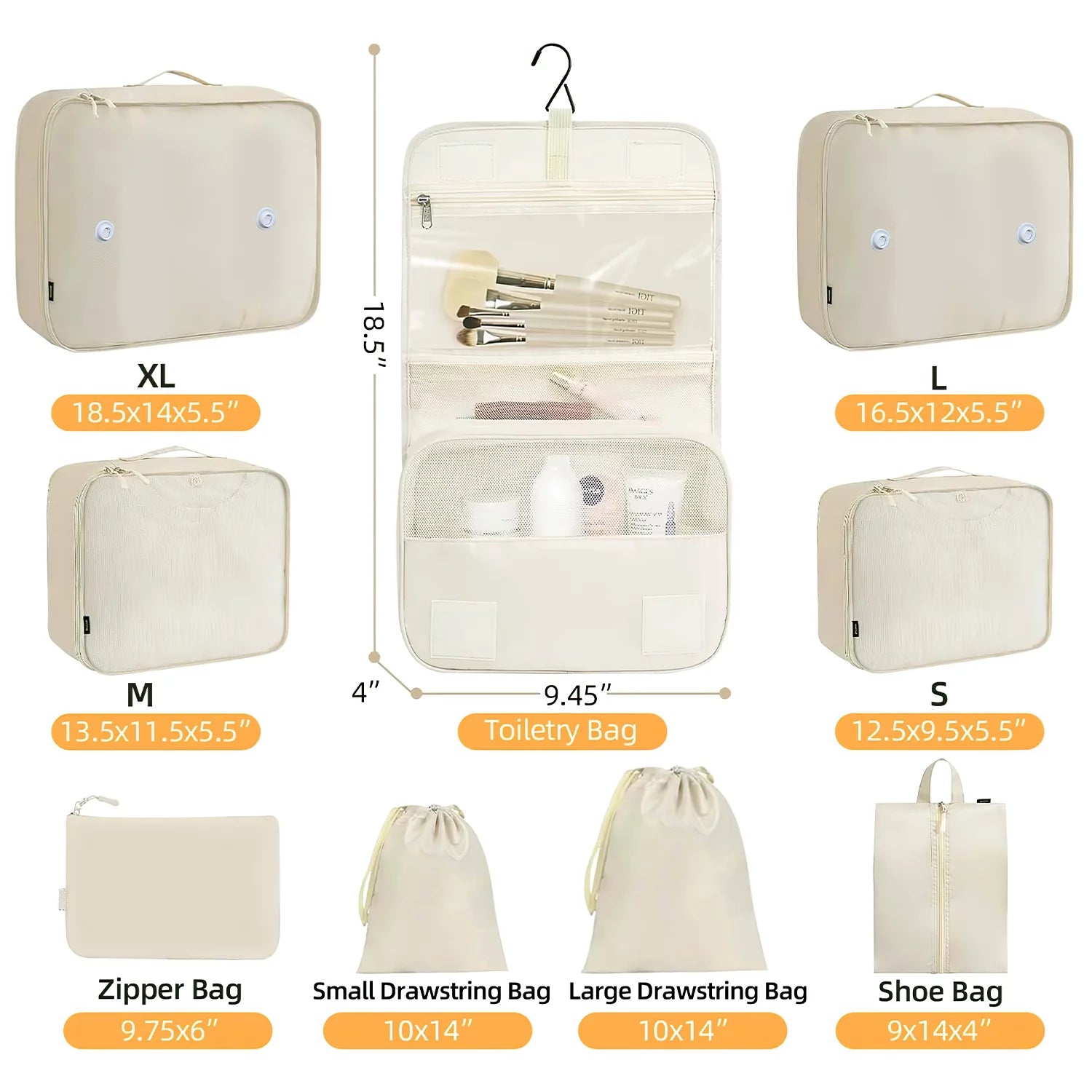 Beige zipper toiletry bag and packing cubes with drawstring shoe and storage pouches