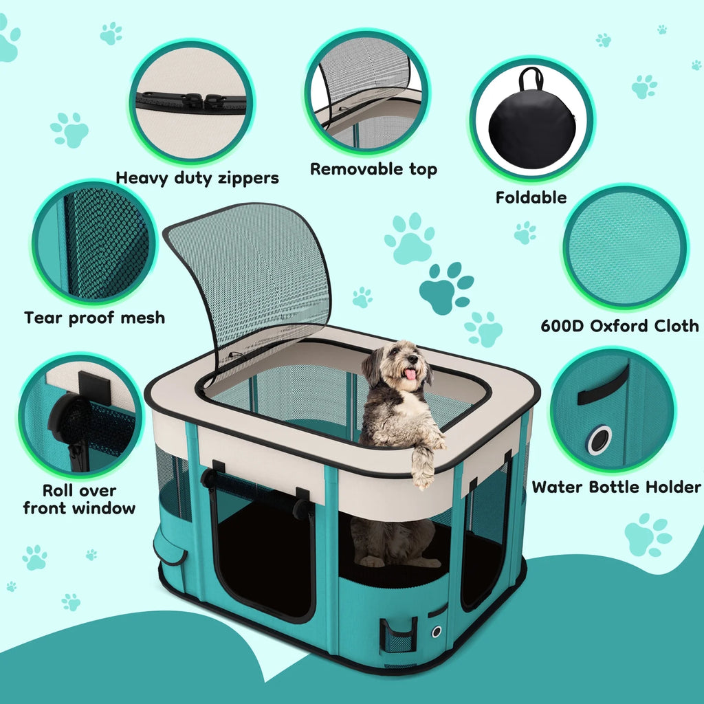 Teal and white foldable pet playpen tent with removable top, mesh panels, and front door.