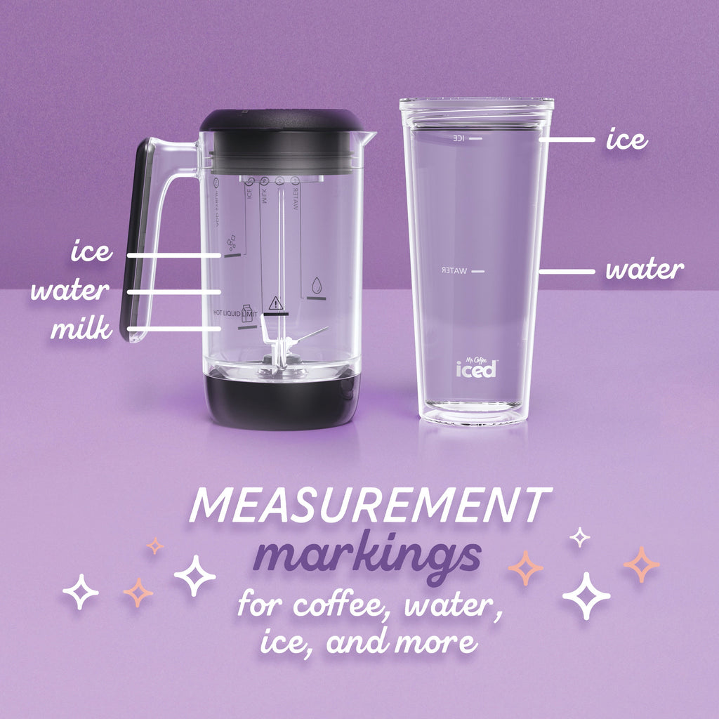 Black coffee blender base with clear pitcher and tall iced drink cup with measurement lines