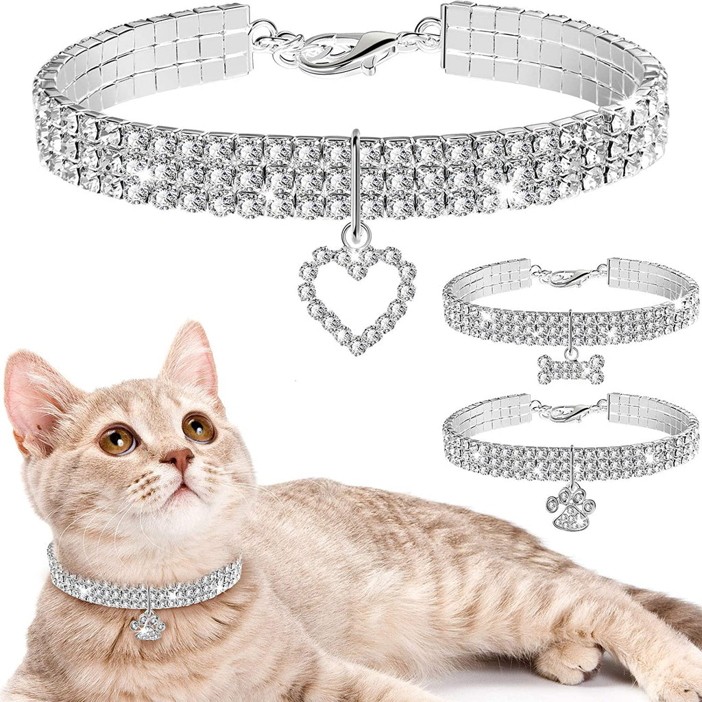 Rhinestone pet collar set (3 pack) with heart charm and adjustable silver-tone clasp