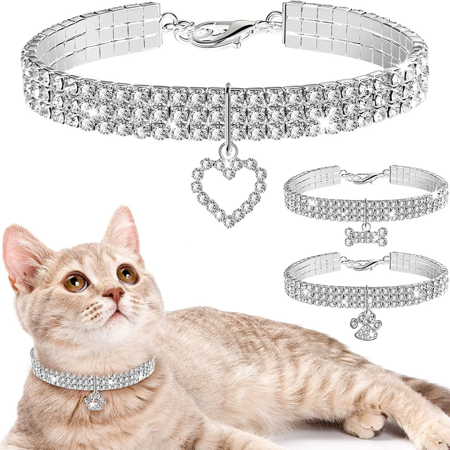Rhinestone pet collar set (3 pack) with heart charm and adjustable silver-tone clasp