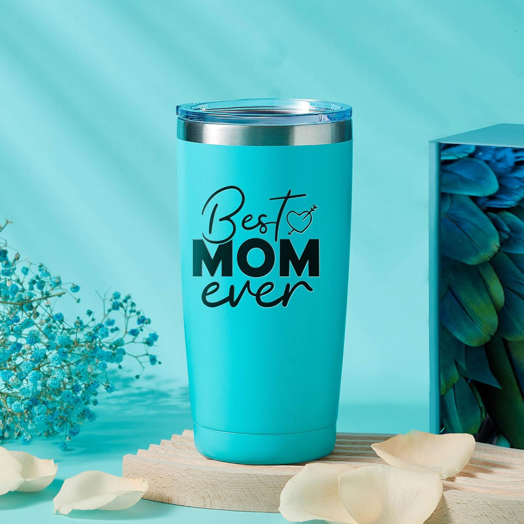 Aqua tumbler with stainless lid and "Best Mom ever" lettering