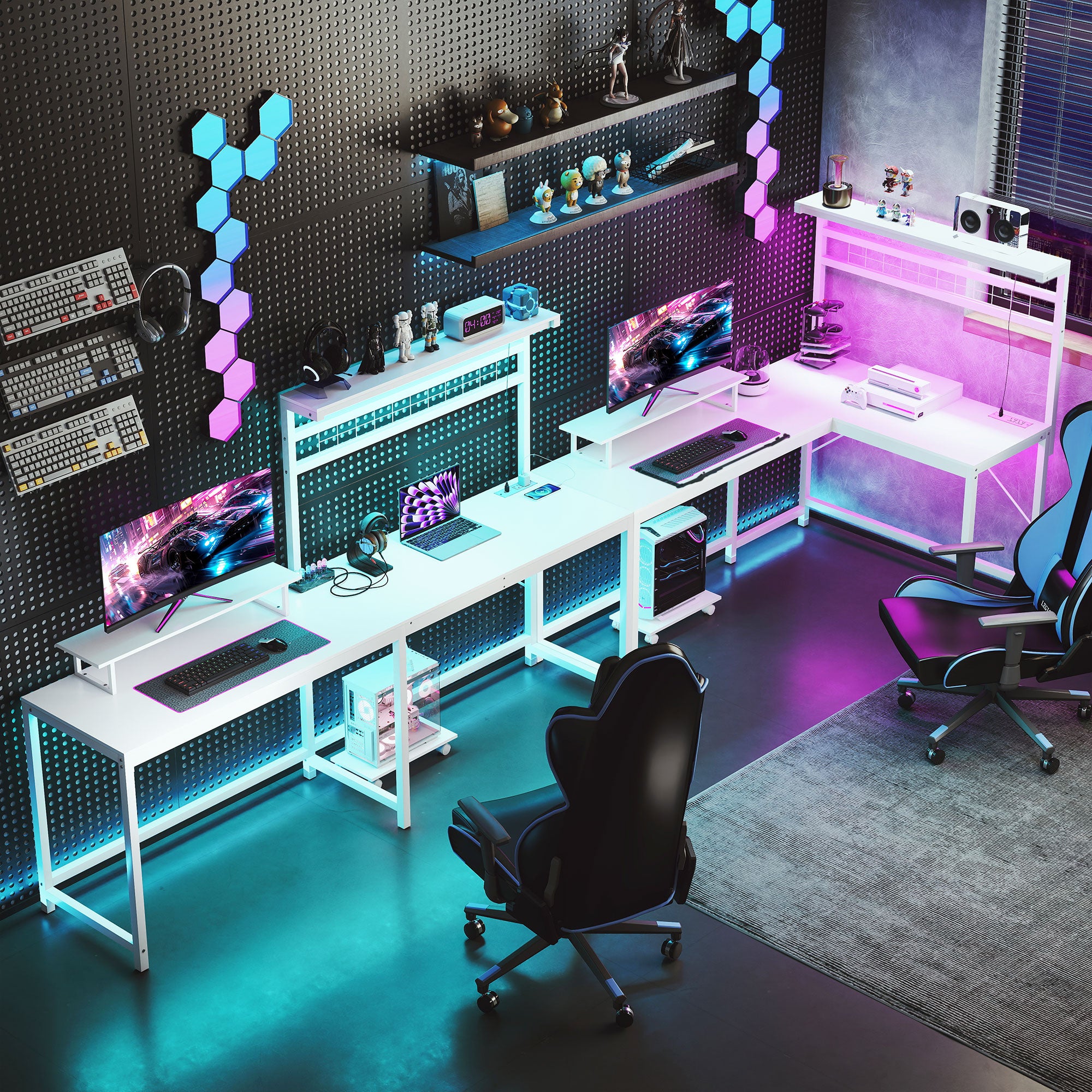 61.6" L Shaped Gaming Desk with Power Outlets & LED Lights, Computer Desk with Monitor Stand and CPU Shelf, White