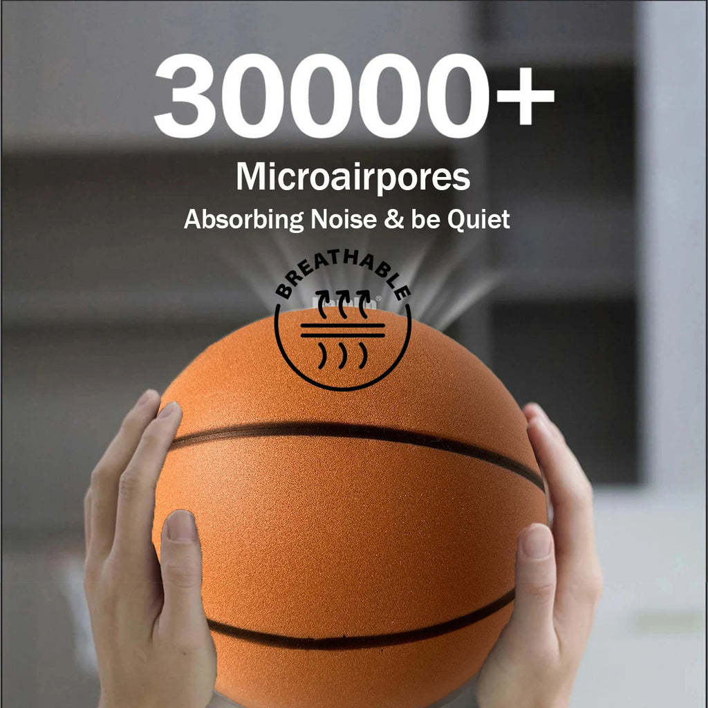Foam silent indoor basketball held in two hands, orange-brown with black lines.