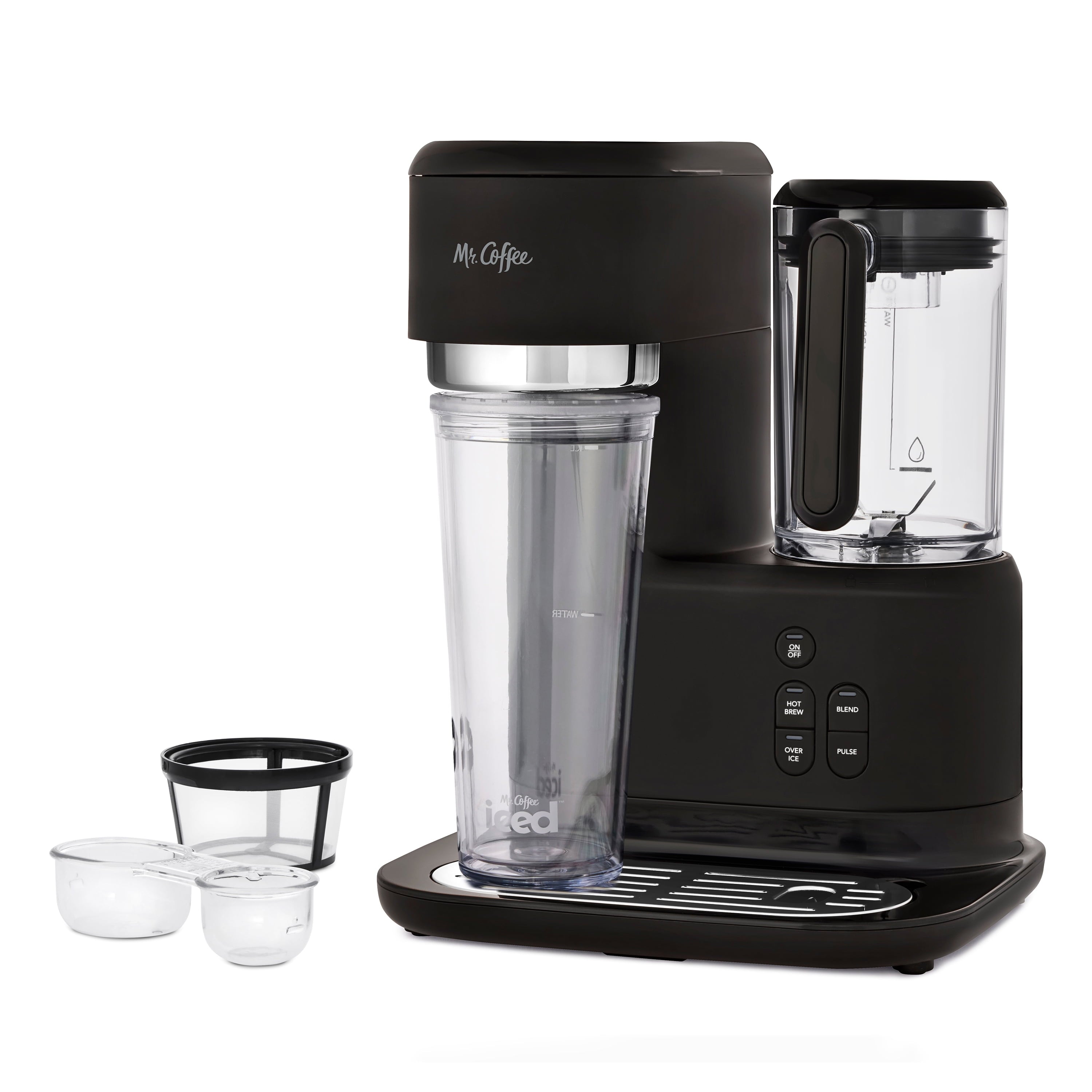 Black single-serve coffee maker with clear blender jar and included cups on base