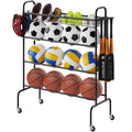 4-tier rolling sports ball rack, black frame with front hook bars for balls, bats, and gear