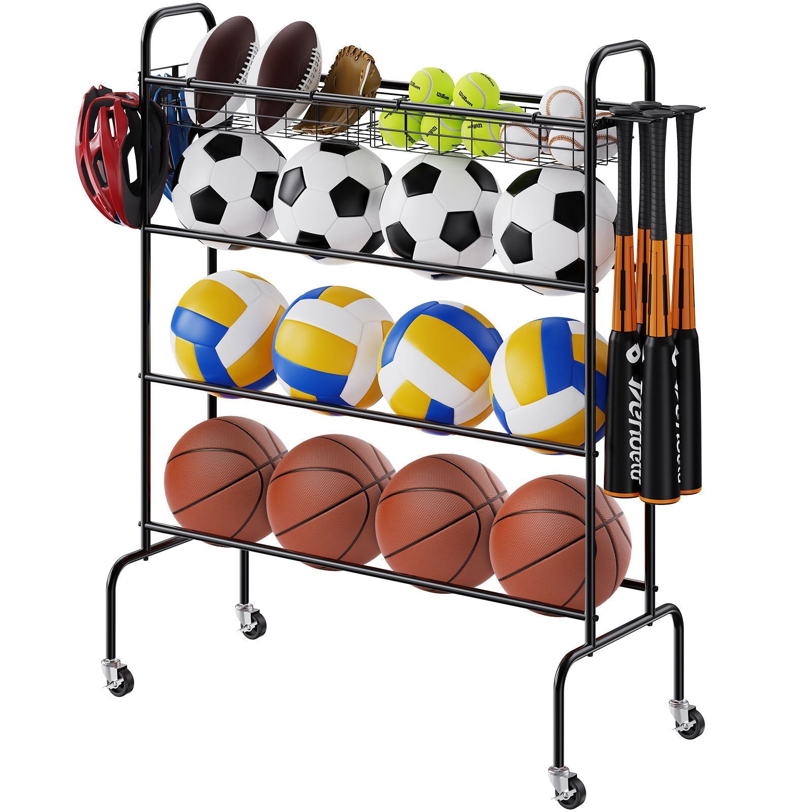 4-tier rolling sports ball rack, black frame with front hook bars for balls, bats, and gear