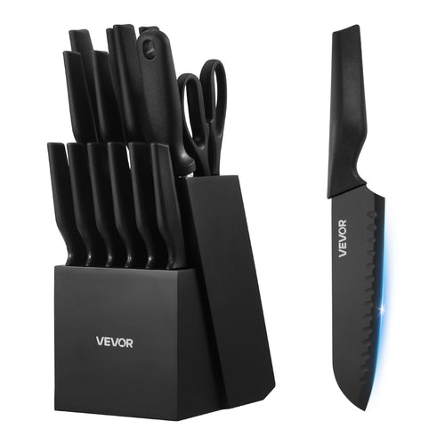 Black kitchen knife set with block, one knife shown beside holder