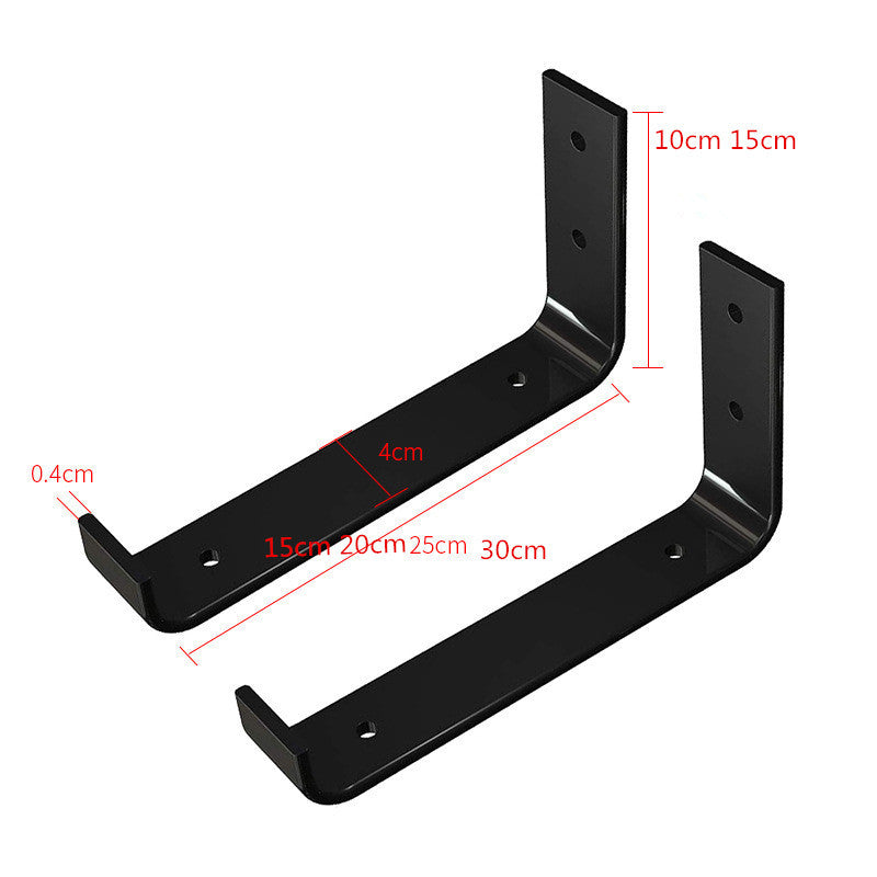 Black iron wall shelf support brackets with mounting slots and dimensions