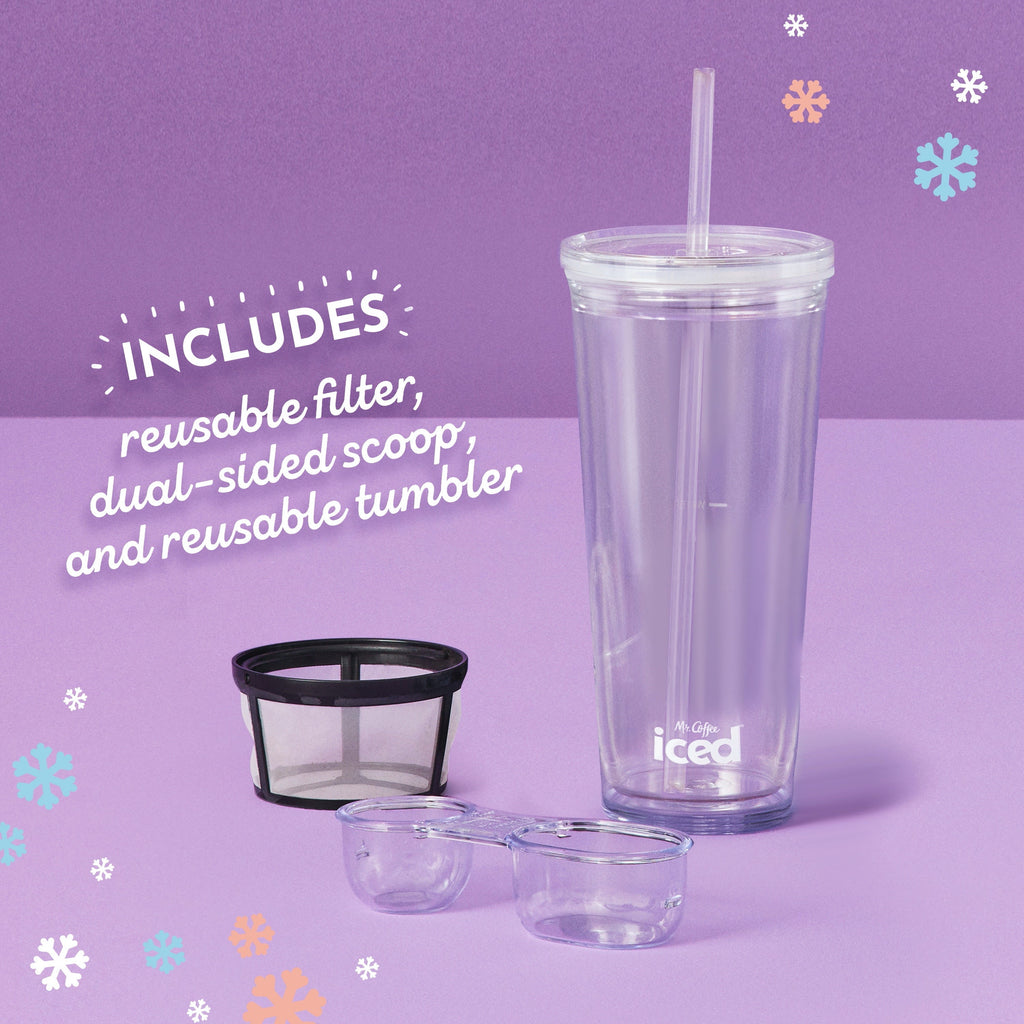 Iced tumbler and included accessories kit with reusable filter scoop and two small cups