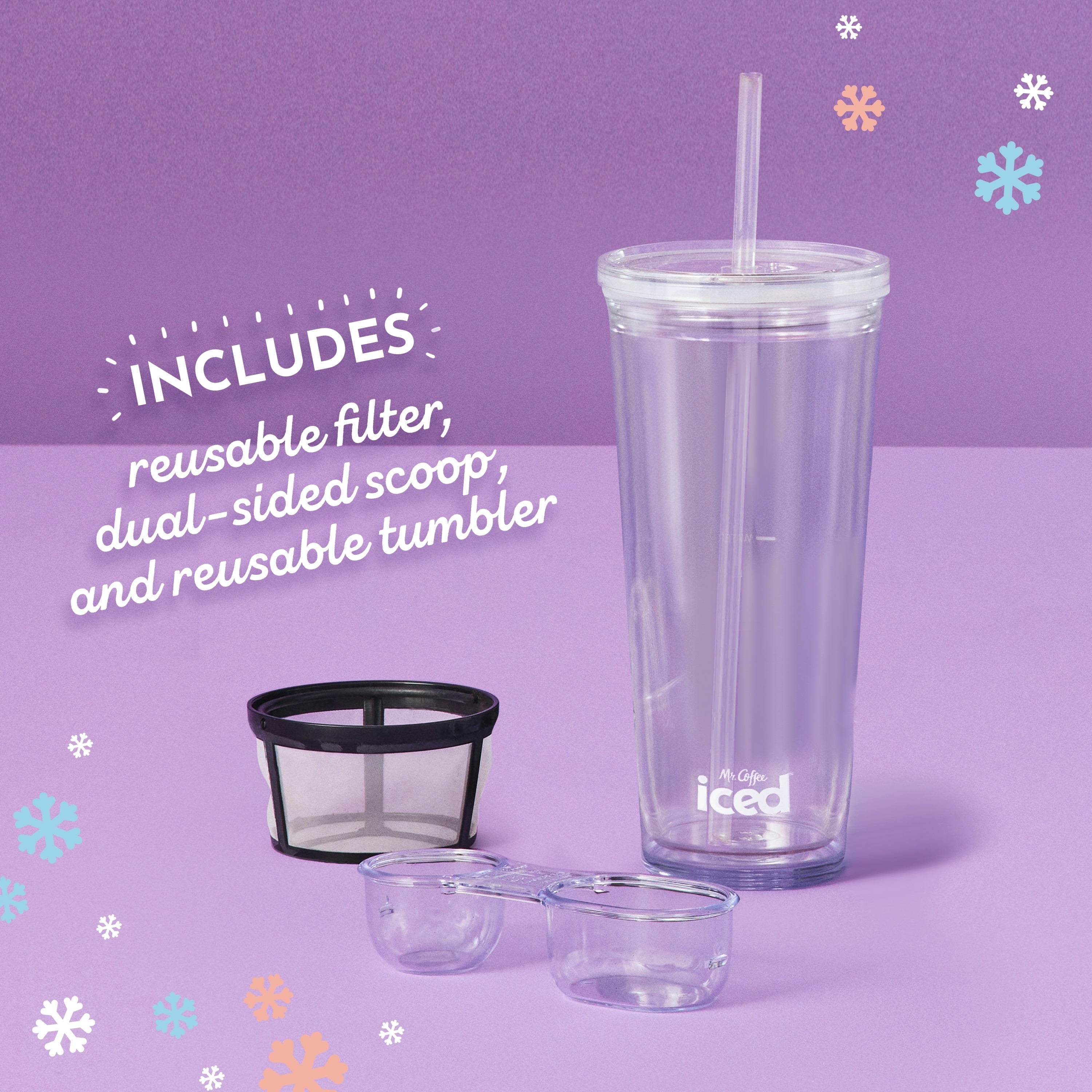 Iced tumbler and included accessories kit with reusable filter scoop and two small cups