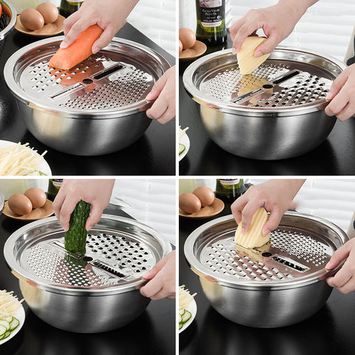 Stainless steel sieve bowl with perforated grater plate being used