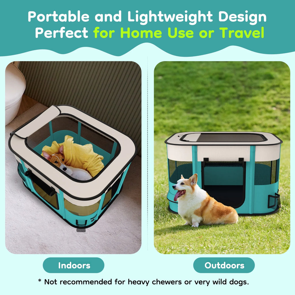 Teal and white foldable pet playpen tent shown indoors and outdoors with a sitting dog.
