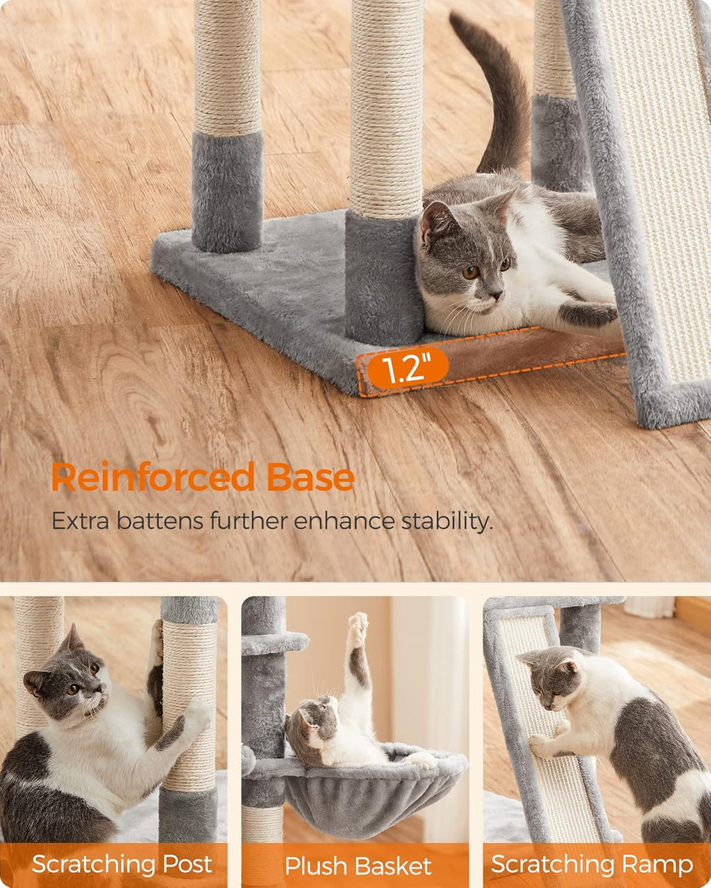 Light gray cat scratching ramp and reinforced base with sisal-wrapped posts