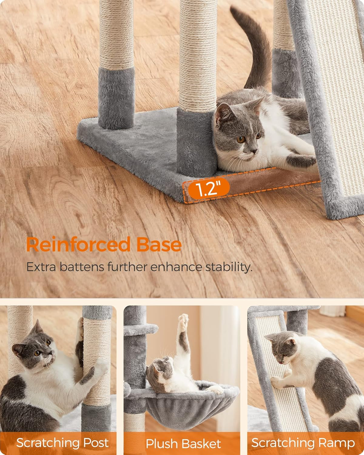 Light gray cat scratching ramp and reinforced base with sisal-wrapped posts