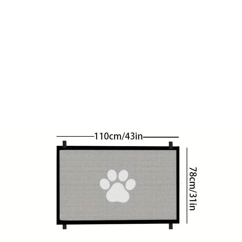 Gray mesh pet playpen gate with paw logo; black frame, 110cm x 78cm panel
