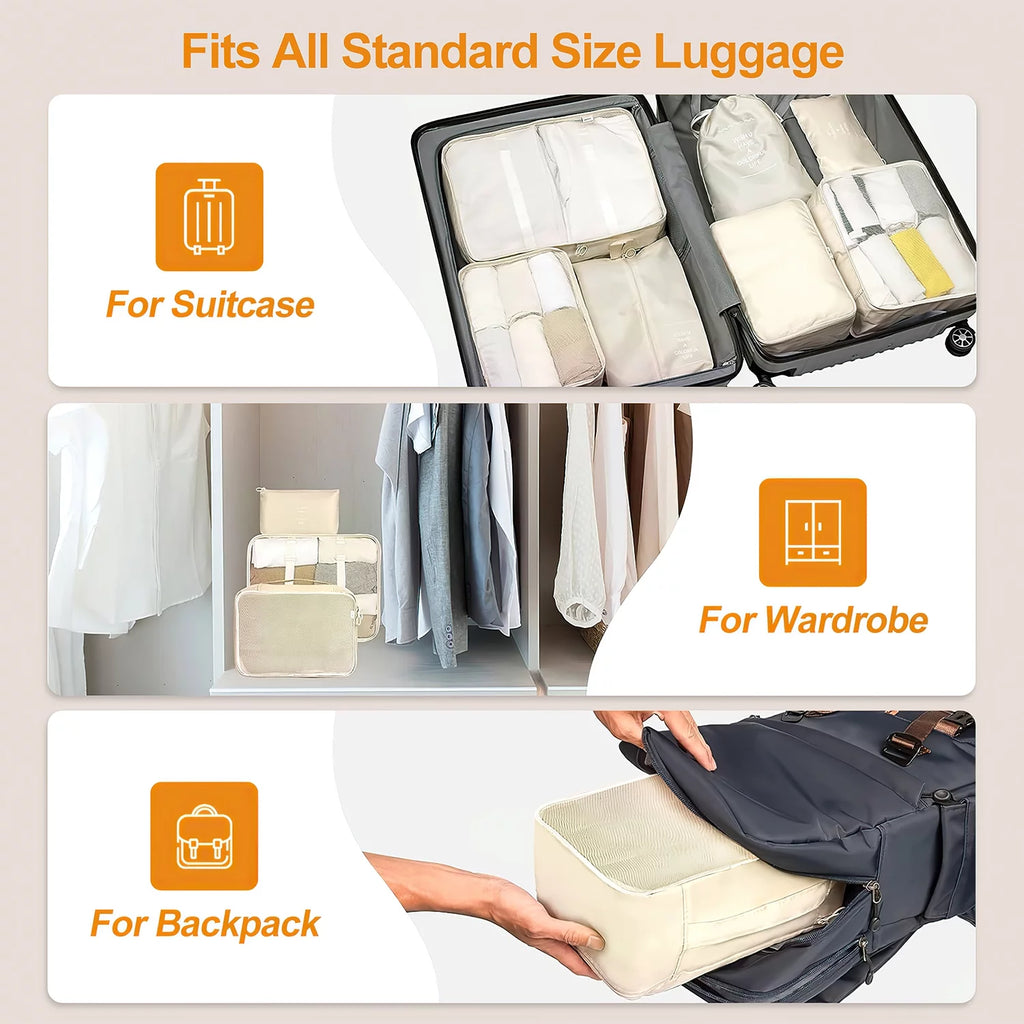 Beige packing cubes in a suitcase and wardrobe, with a toiletries bag and pouches