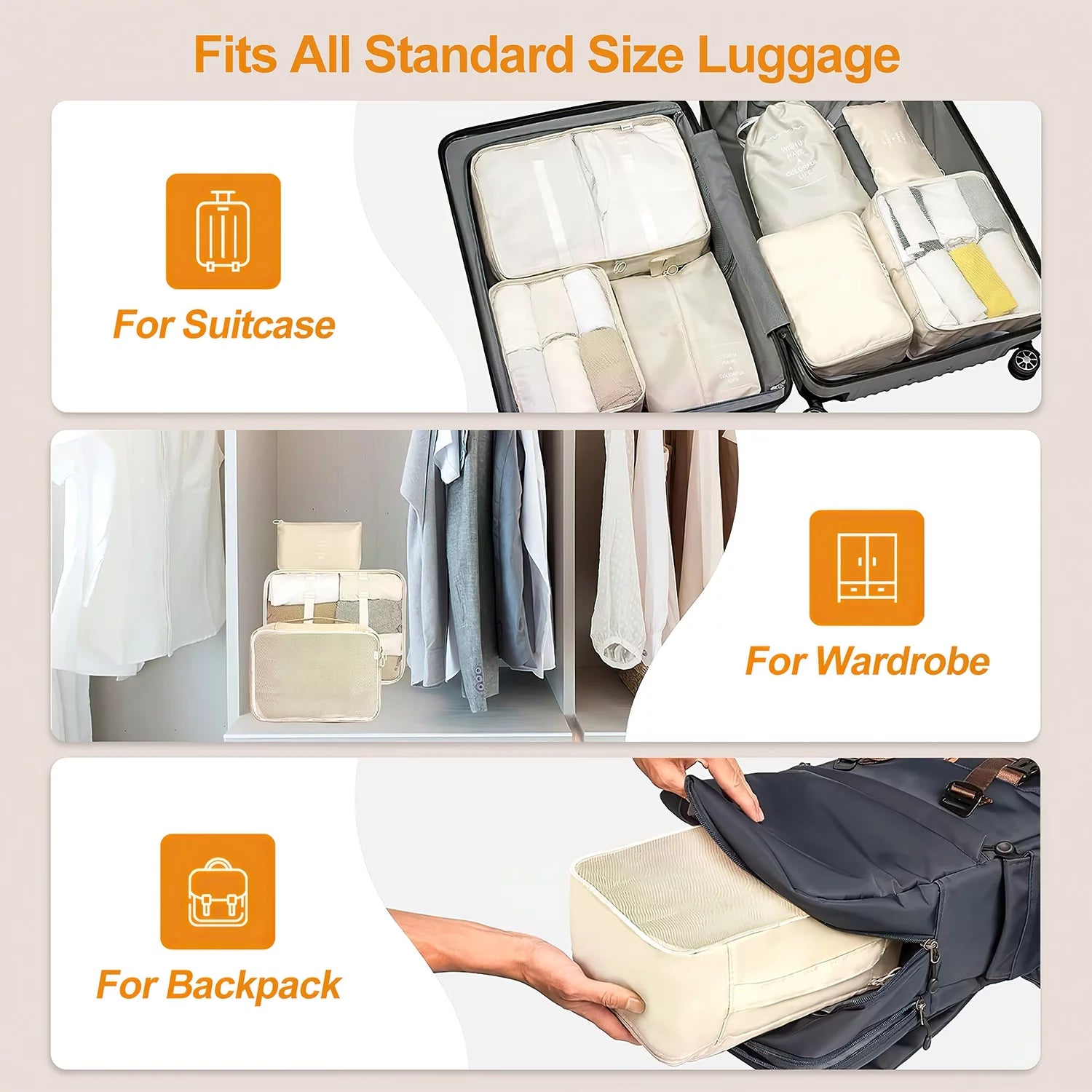 Beige packing cubes in a suitcase and wardrobe, with a toiletries bag and pouches