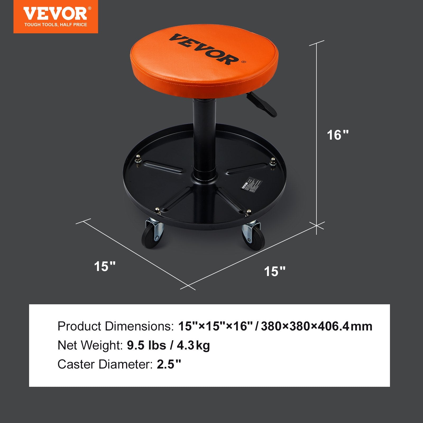 Orange round-seat rolling creeper stool on black swivel caster base