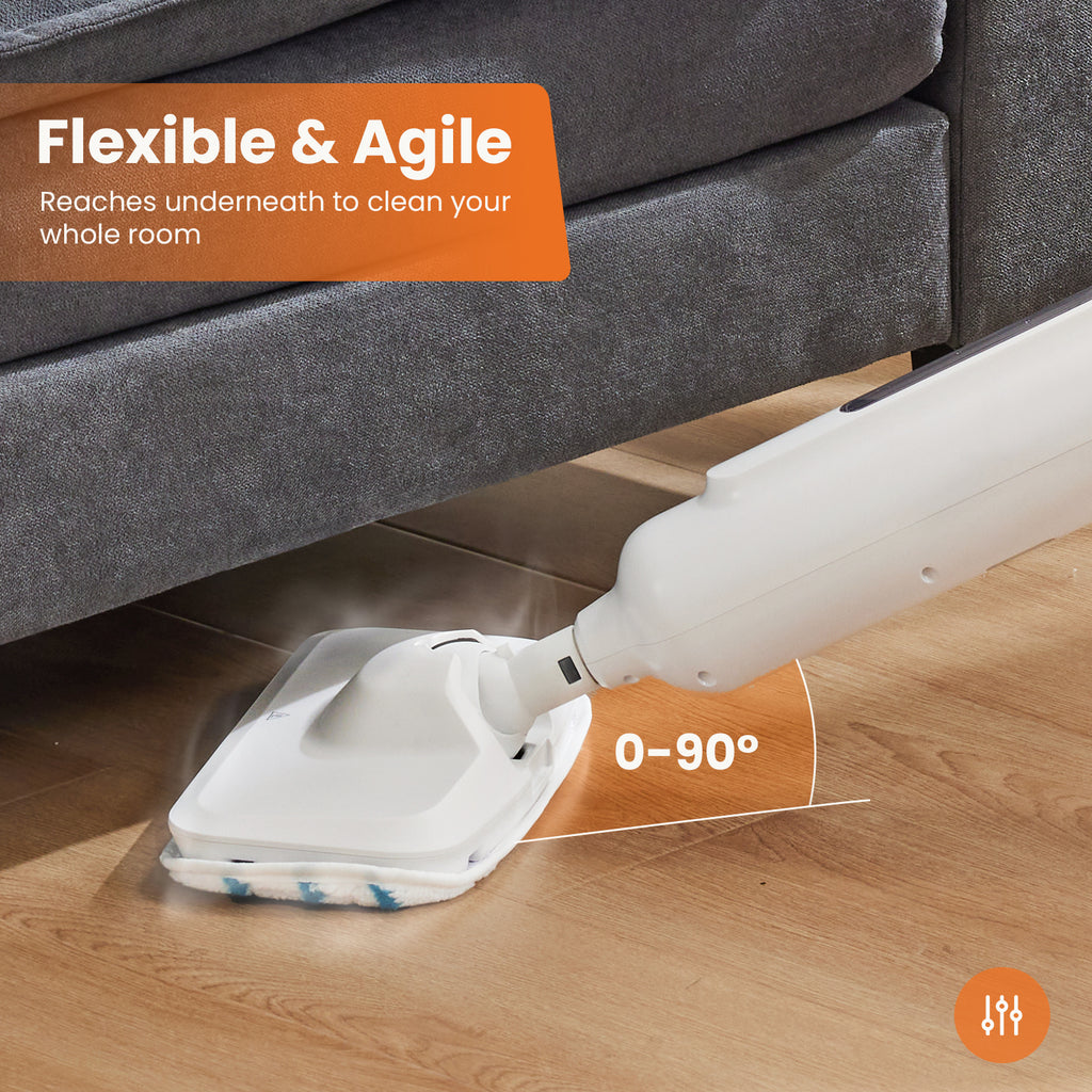 Lightweight steam mop cleaning under a sofa with low-profile pad head