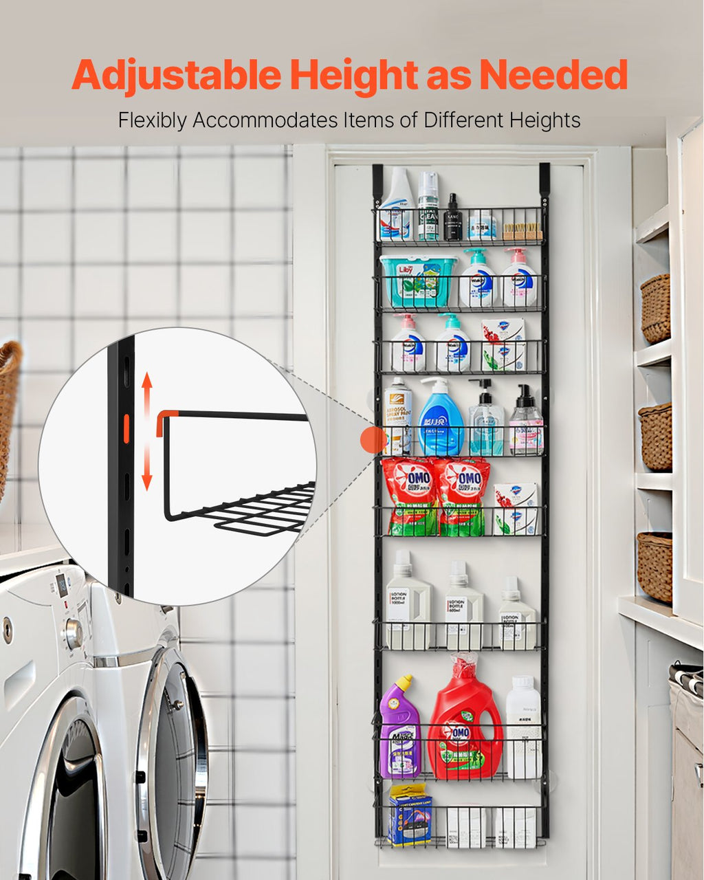 Black wire over-door organizer rack with 8 tiers, filled with pantry items