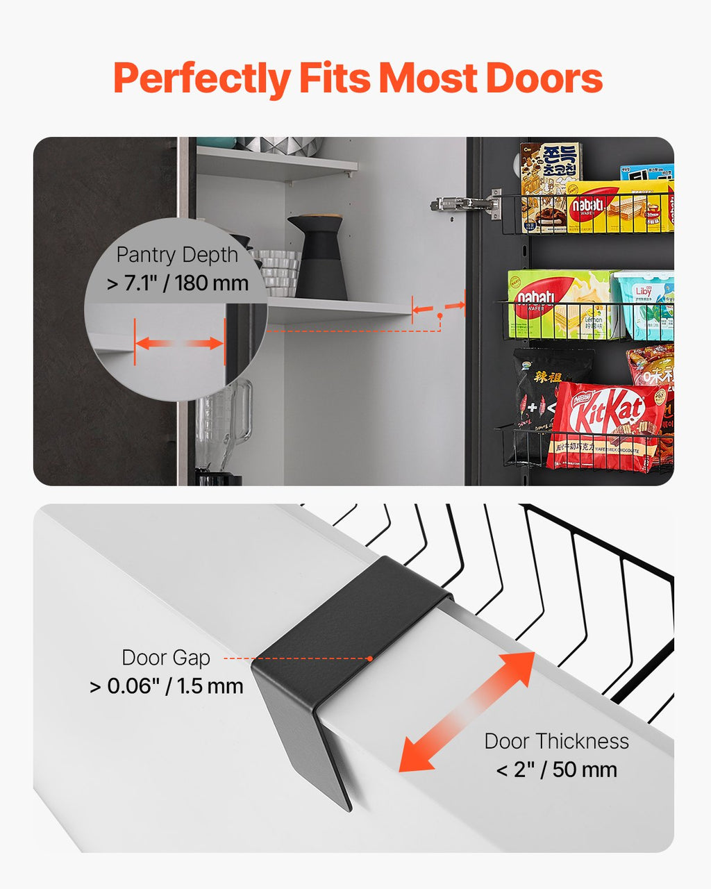 Black over-door pantry organizer with mounting hooks and wire shelves