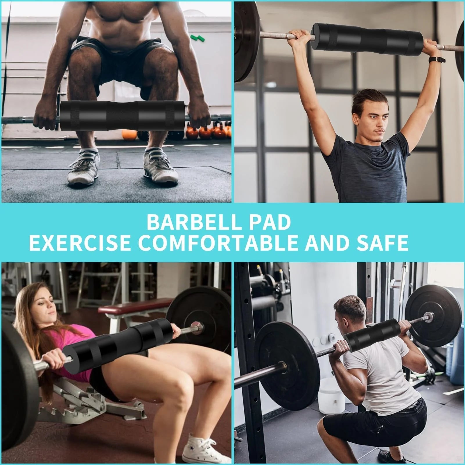 Black barbell pad with textured surface and padded center, used with lifting bar