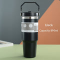 Black vacuum insulated stainless steel travel tumbler with handle and lid, 30 oz