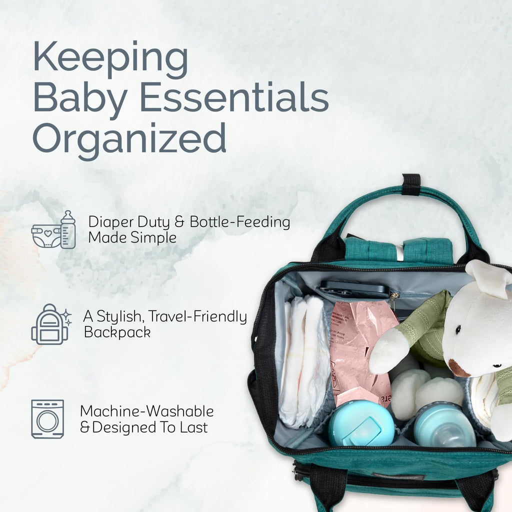 Teal diaper bag backpack with changing station, open interior with bottles and baby items