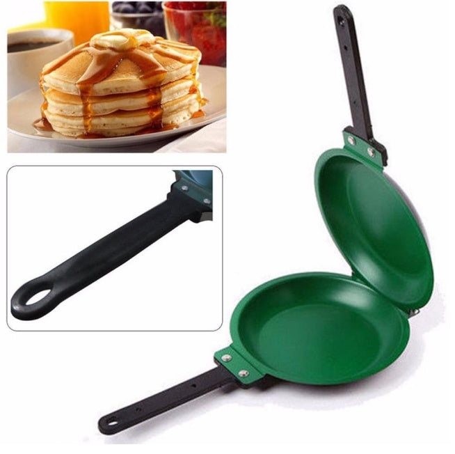 Non-stick frying pan with hinged lid open, green coating, black handle detail