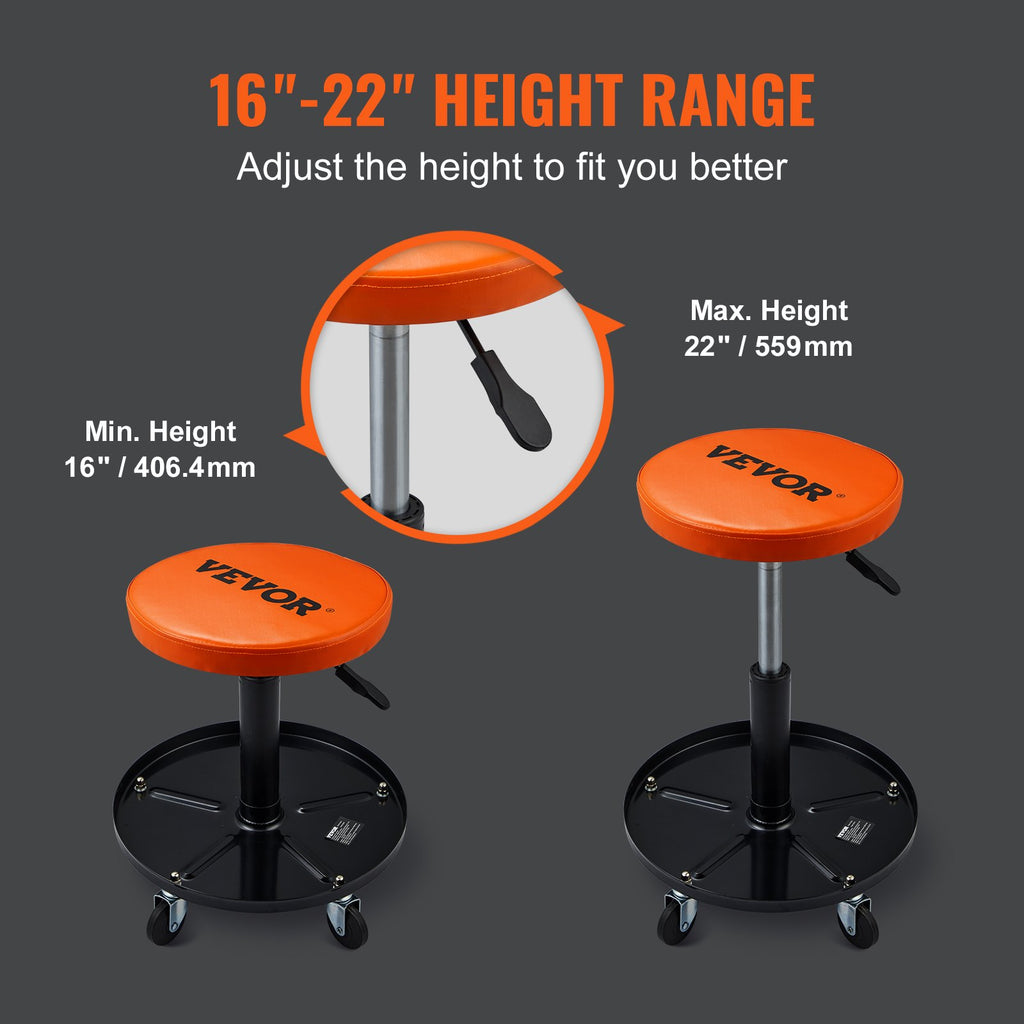 Orange seat height-adjustable rolling creeper stool with black caster base