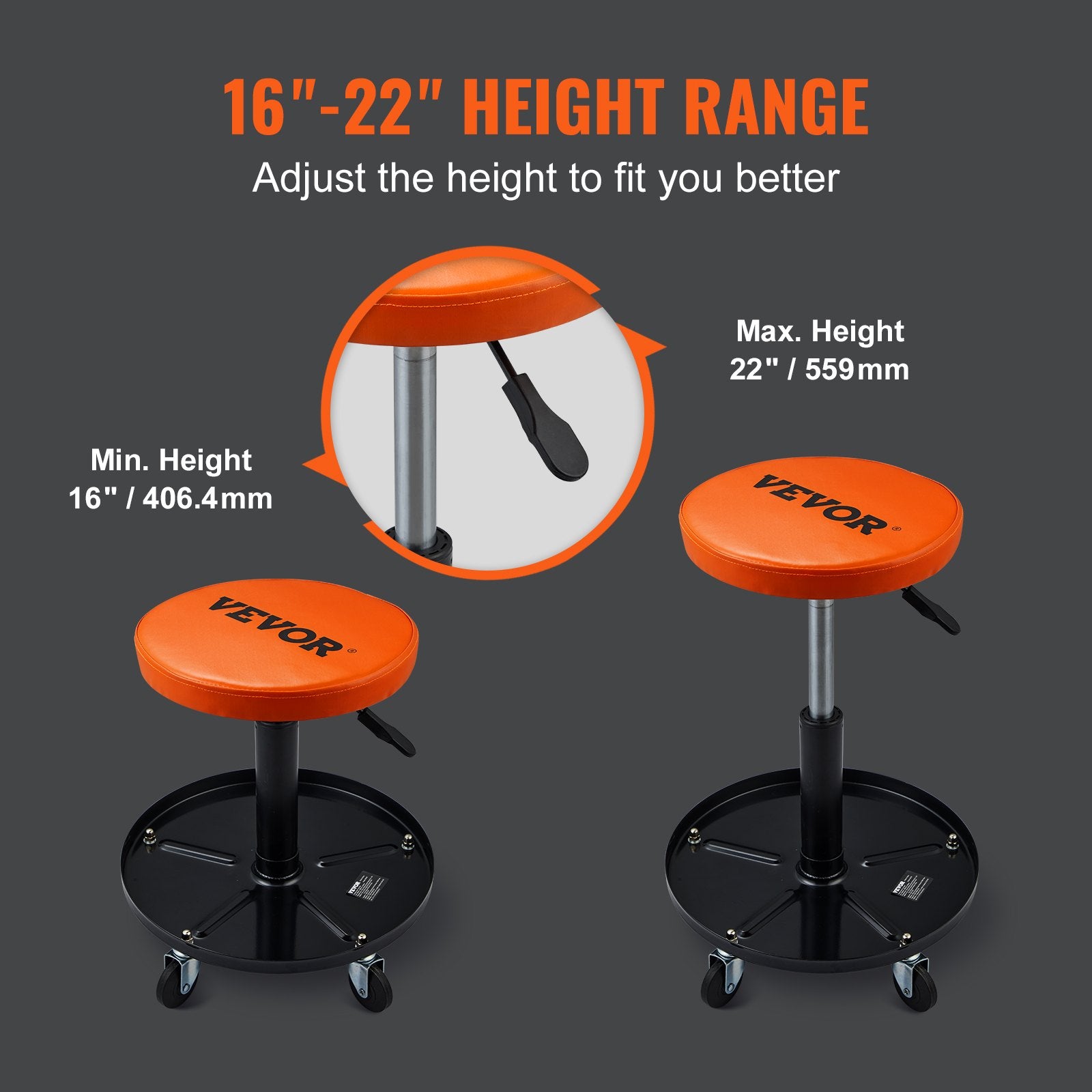 Orange seat height-adjustable rolling creeper stool with black caster base
