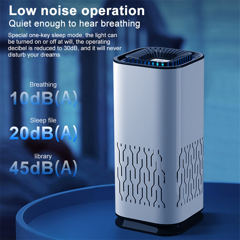White portable air purifier with vented side pattern and blue-lit top fan.