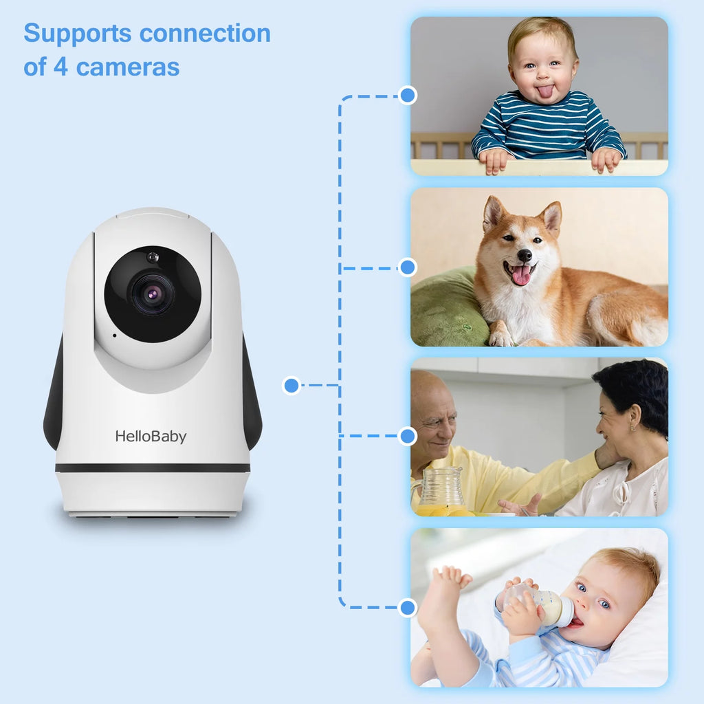 HelloBaby baby monitor camera with white body and black lens, angled tabletop design