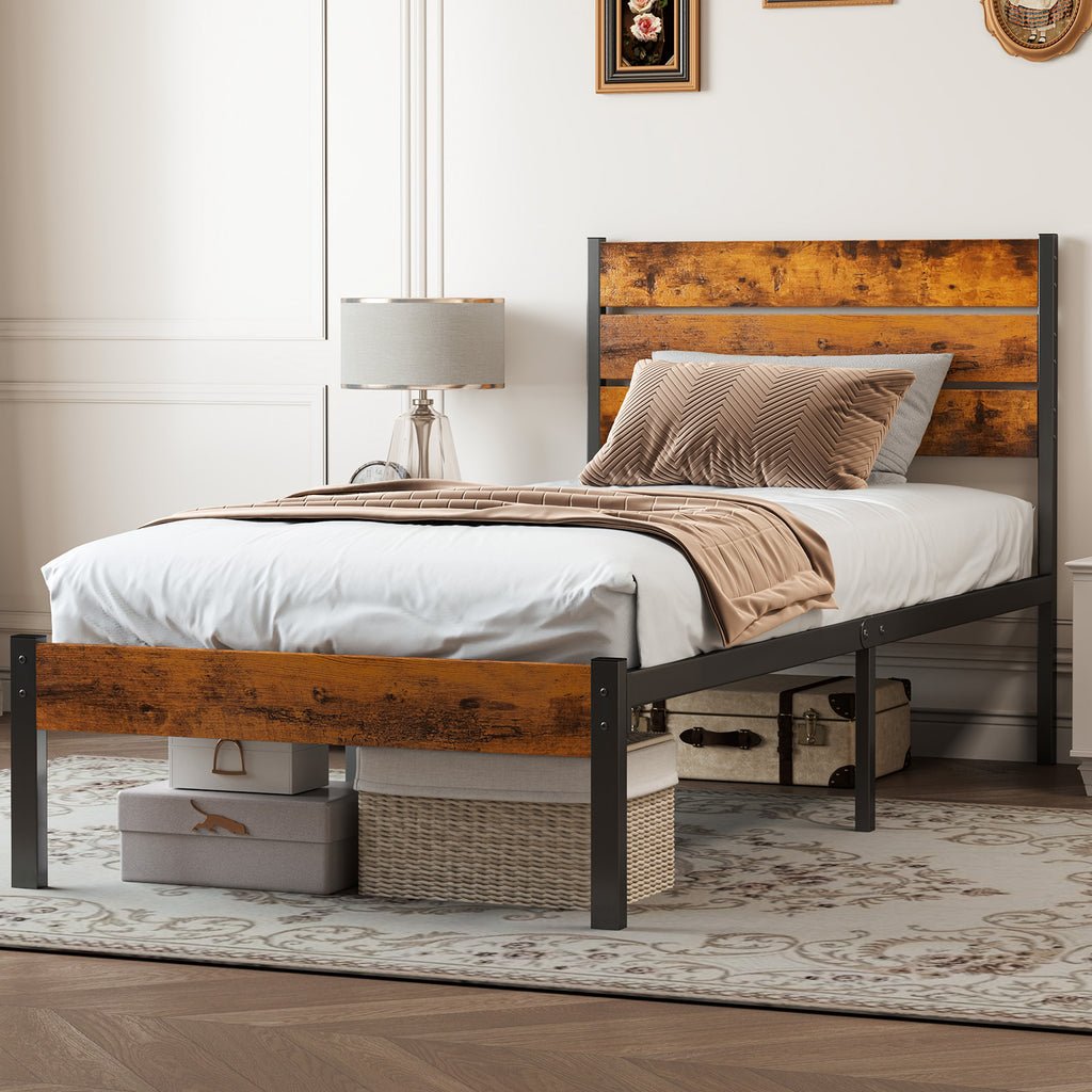 Metal platform bed frame with headboard, woodgrain side panels, black legs and rails