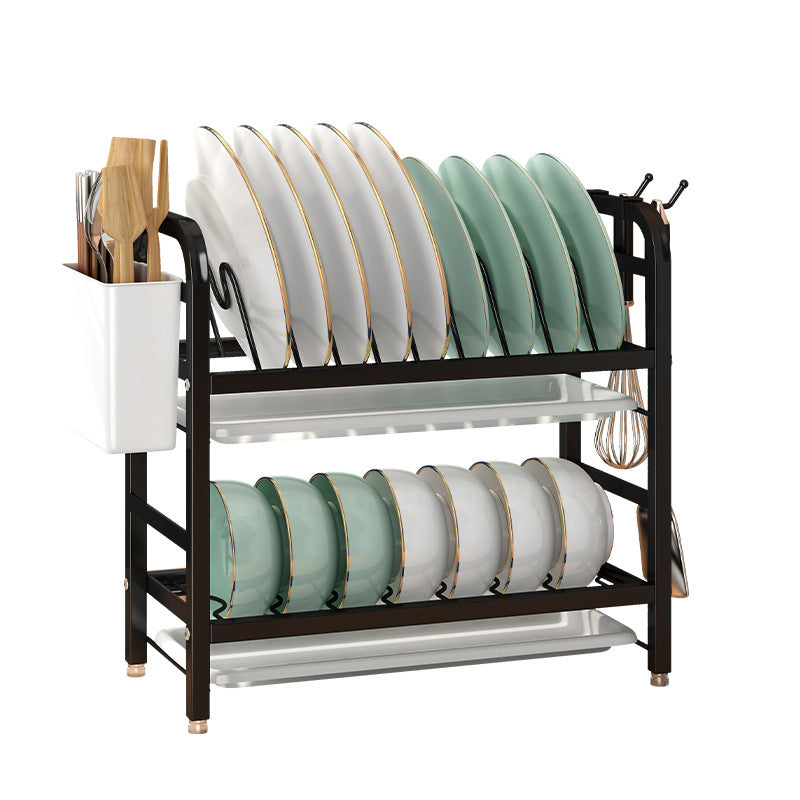 Double-Layer Kitchen Storage Rack — Dish Rack with Chopstick Canister & Hooks