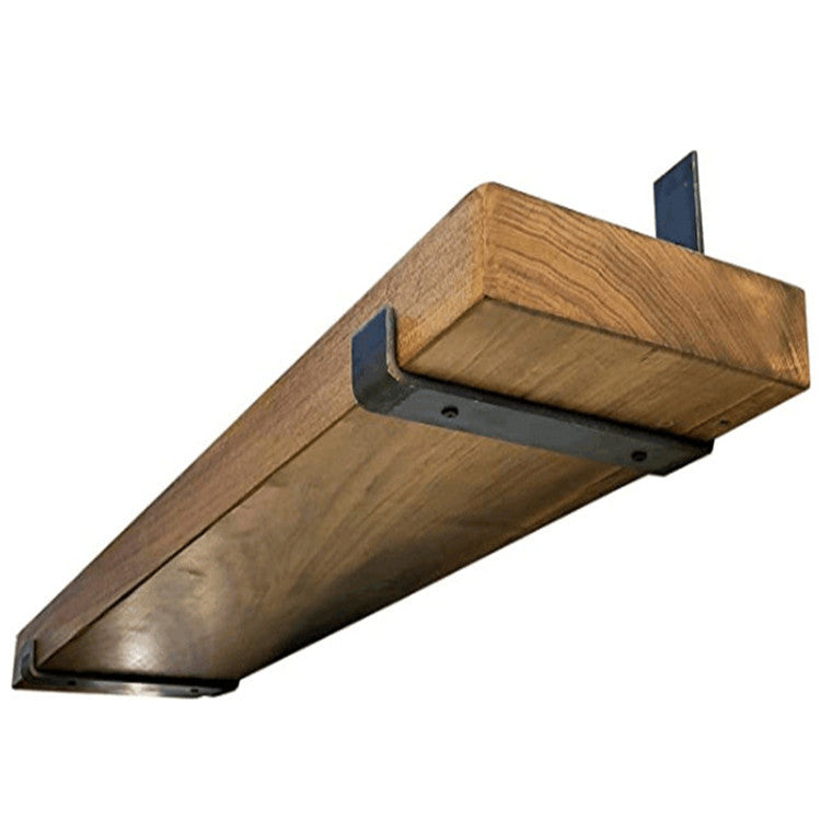 Wood wall shelf with black iron support brackets and mounting holes