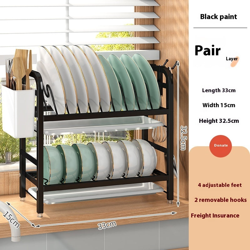 Double-Layer Kitchen Storage Rack — Dish Rack with Chopstick Canister & Hooks